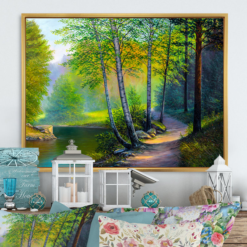 Rivière au printemps - Décoration murale traditionnelle sur toile, H 12 po x l 20 po x P 1 po, Toile avec cadre flottant or