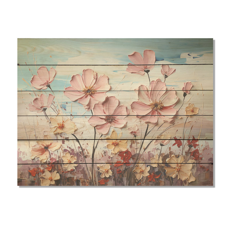Pink Pansies Blooming Field - Flower Field Wood Wall Art On Natural Pine Wood, 10" H x 20" W