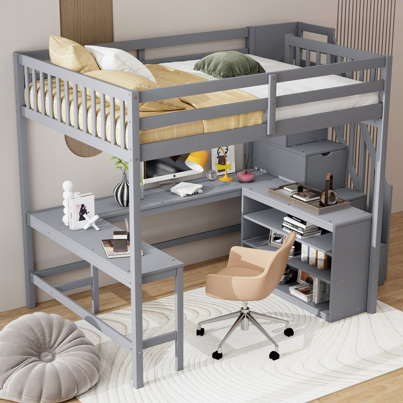 Full Size Loft Bed With Built-In Desk And Storage Staircase, Gray
