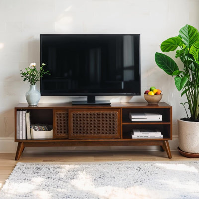 59 Inch Mid Century Modern Rattan TV Stand for 65 Inch TV