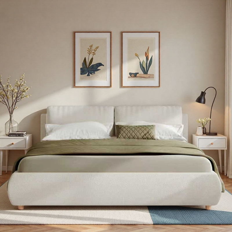 Upholstered Platform Bed With 2 Removable Pillows And Wood Legs