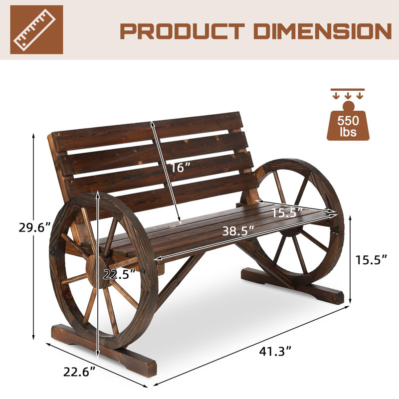 Outdoor Wagon Wheel Bench, Rustic 2-Person Seat Patio Bench W/Slatted Design And Carbonized Finish, Outdoor Patio Furniture W/550Lbs High Capacity For Garden Patio Backyard Porch