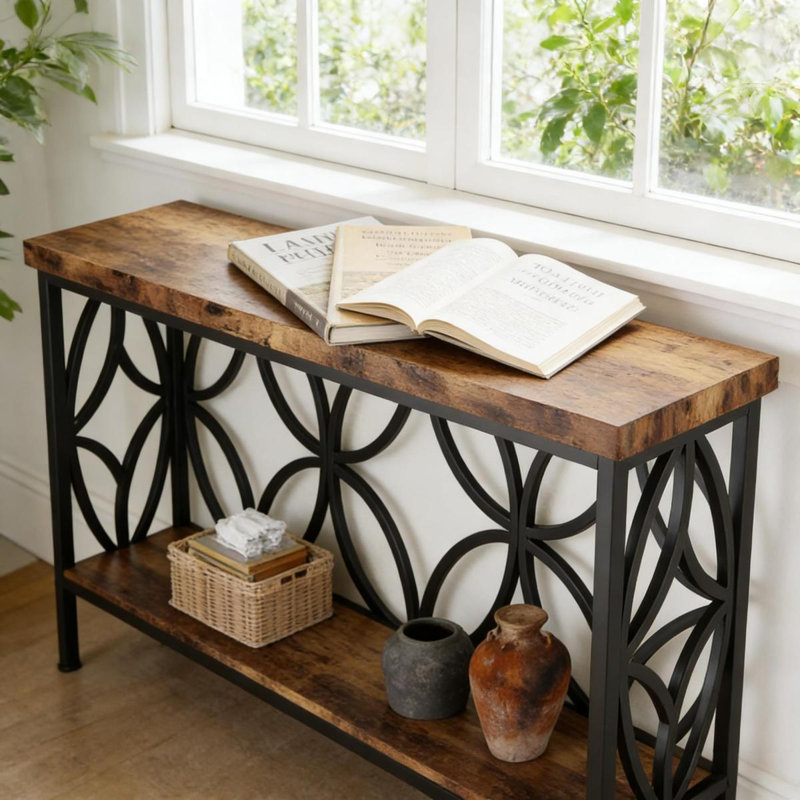 Table basse, canapé industriel, console 2 niveaux, Noir / brun rustique