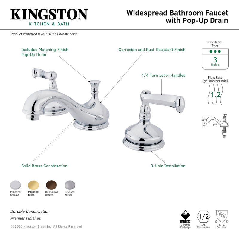 Robinet pour salle de bain espacé avec ensemble de drain bain, Nickel brossé