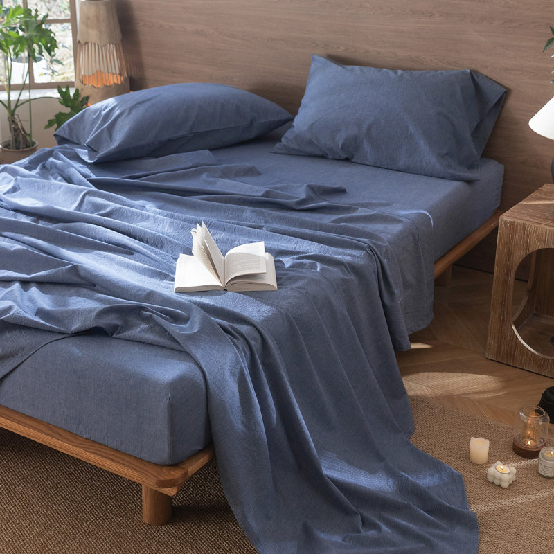 Drap-housse MooMee 100% coton lavé extra profond, Bleu denim, Très grand lit