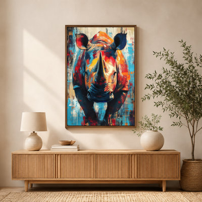 Radiant Rhino Bold Color Canvas Wall Art with Floating Frame, Ready to Hang