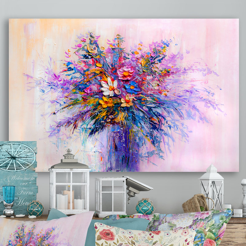 Vase de fleurs rouges et mauves - reproduction sur toile avec cadre flottant, H 24 po x l 36 po x P 1 po, Toile tendue