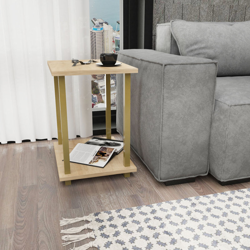 Monowi Square Side End Table, Oak, Gold