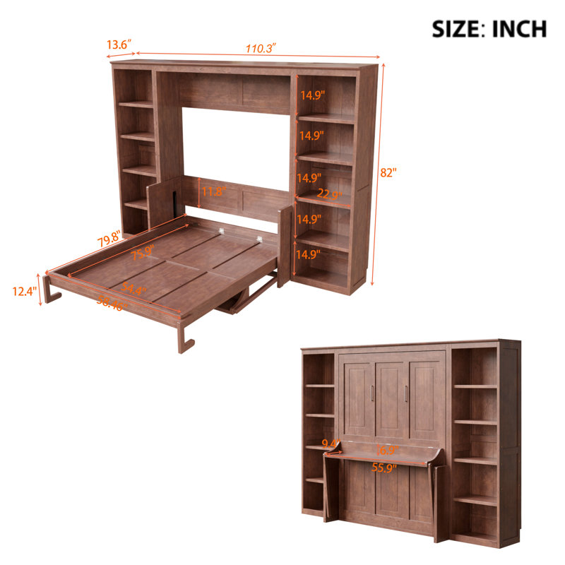 Lit escamotable double avec bureau et bibliothèque, lit escamotable pliable compact, brun foncé, Lit double