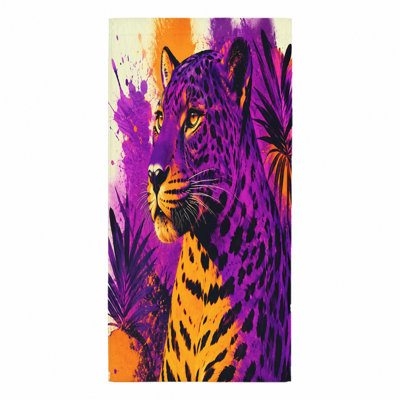 1Pcs Vibrant Leopard Beach Towel, featuring a striking purple and orange abstract art print of amidst tropical leaves. This large, quick-dry microfiber is perfect for outings, travel, camping, offering stylish artistic