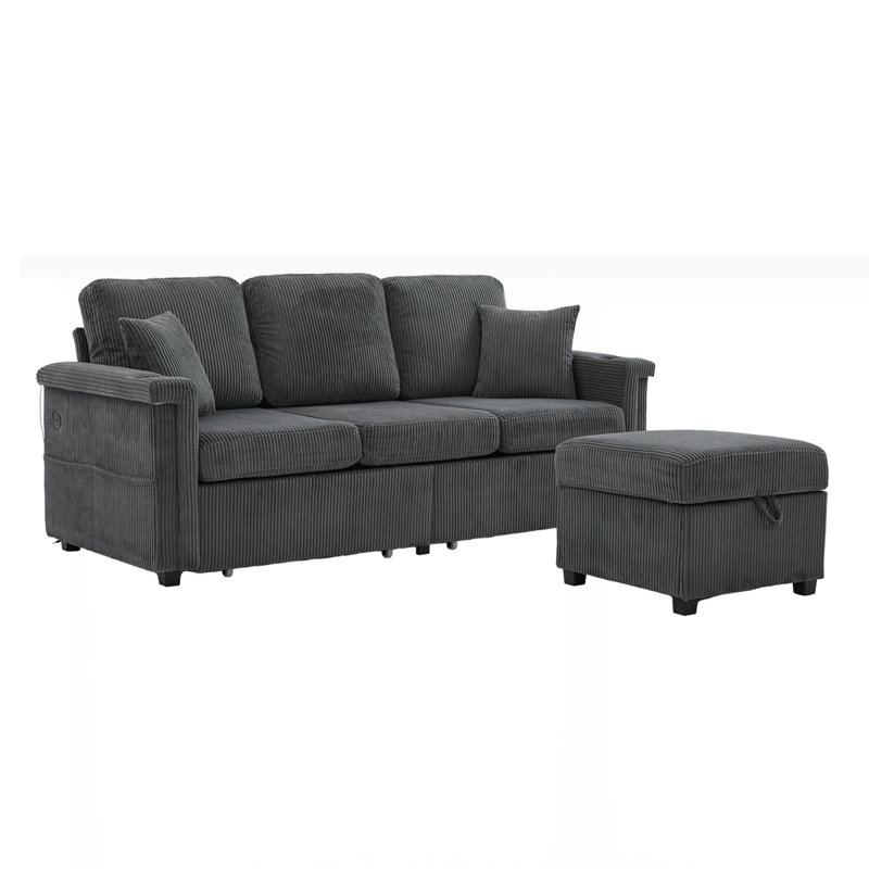 Canapé modulaire en L avec rangement coulissant, repose-pieds et coussins, Gris foncé