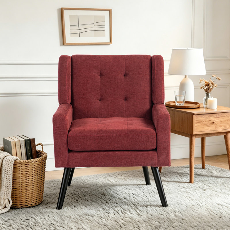 Tufted Upholstered Wide Back Armchair, Red Linen