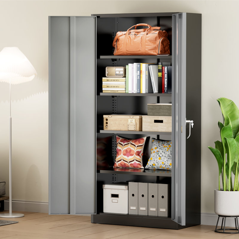 Steel Single Storage Cabinet with Lock ( 72'' H x 32'' W x 16'' D), Black/Grey