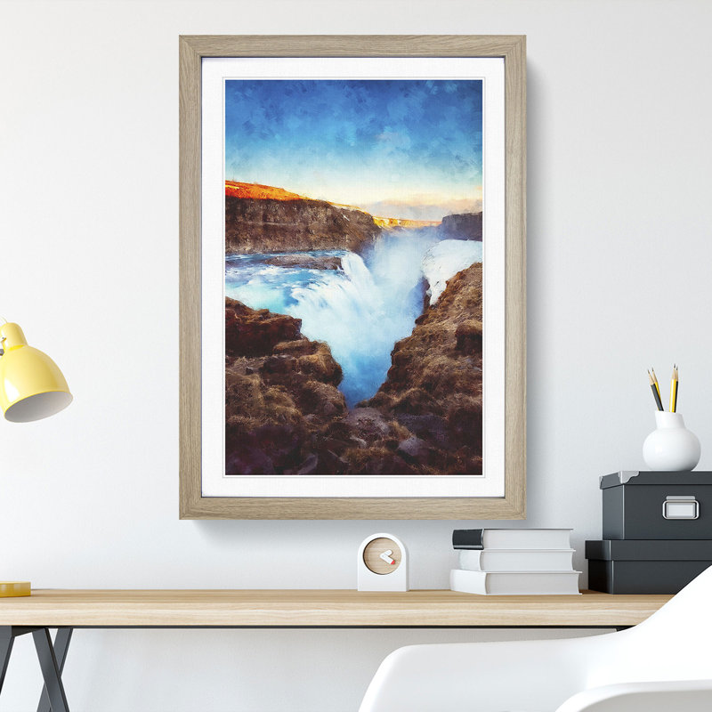 A Waterfall in Iceland - Picture Frame Painting, Oak Framed, 65cm H x 48cm W x 2cm D