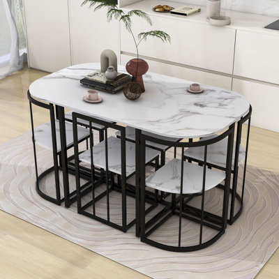 Malinda 7Pcs Dining Table Set for 6, with Faux Marble Table and 6 Geometric Chairs