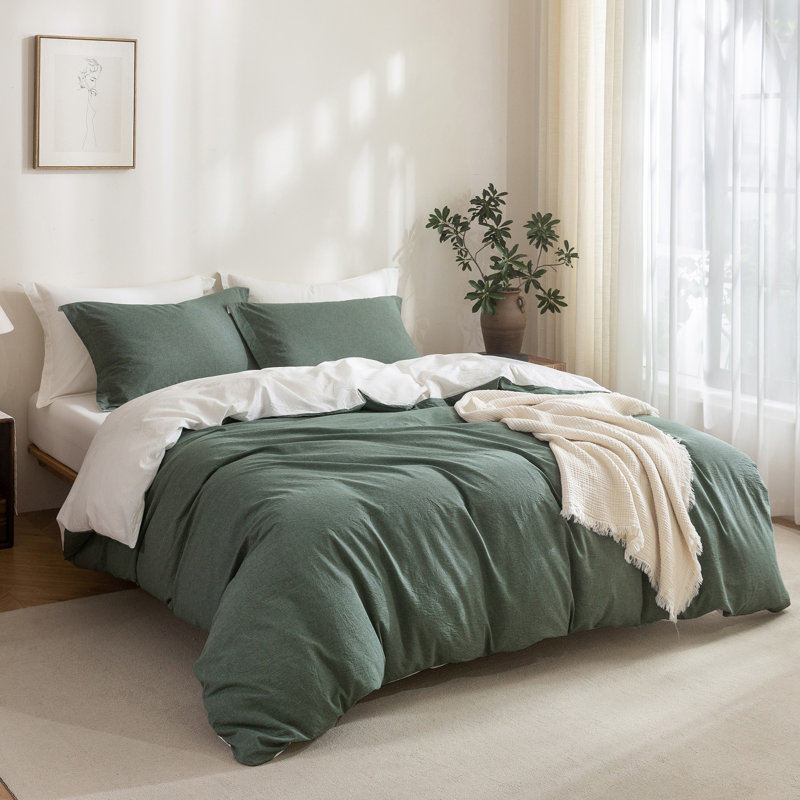 Solayne 100% Washed Cotton Duvet Cover Set with Faux Hemp Texture, Solid Color, Zipper Closure and Corner Ties, Green