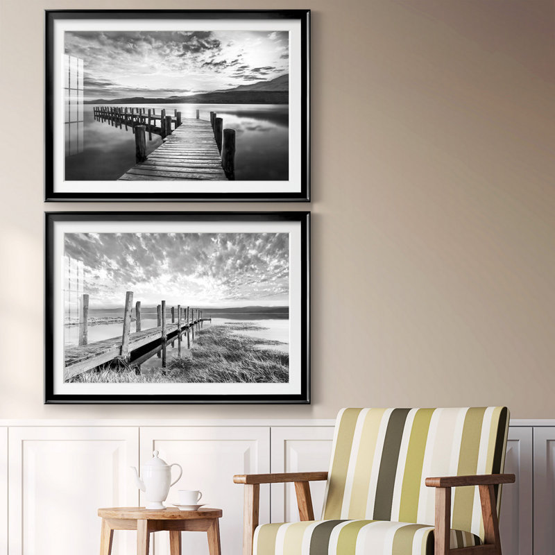 Evening Dock - Ensemble de 2 reproductions d'art sur toile encadrées, H 30,5 po x l 85 po x P 1,5 po, Noir, Blanc