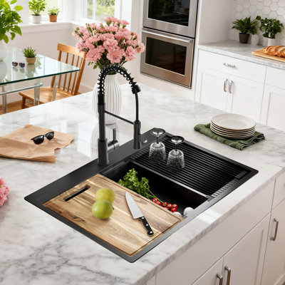 Évier de cuisine moderne en acier inoxydable noir avec accessoires, 30 po