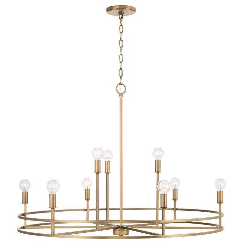 Lustre en forme de roue de chariot à 9 lumières , Laiton vieilli
