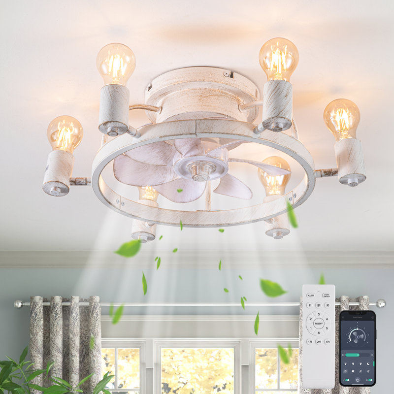52 cm Farmhouse Reversible Caged Ceiling Fan with Light Kit and Remote, White
