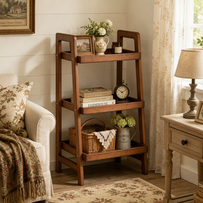 100% Solid Wood 3-Tier Ladder Shelf, Solid Rubberwood Bookshelf for Small Spaces, Living Room & Bedroom