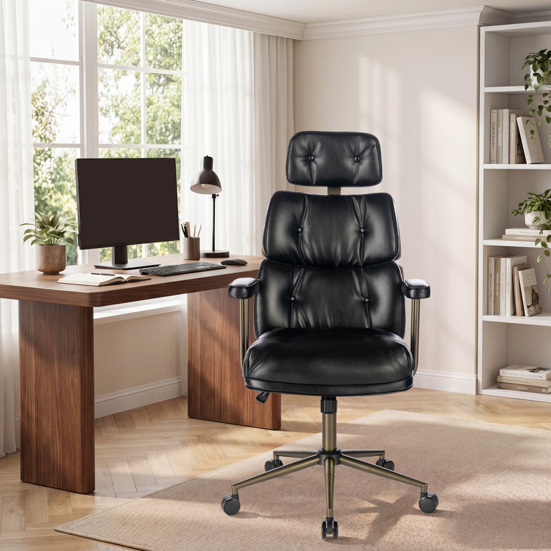 Chaise de bureau pivotante rétro avec réglage de la hauteur et appui-tête, Noir