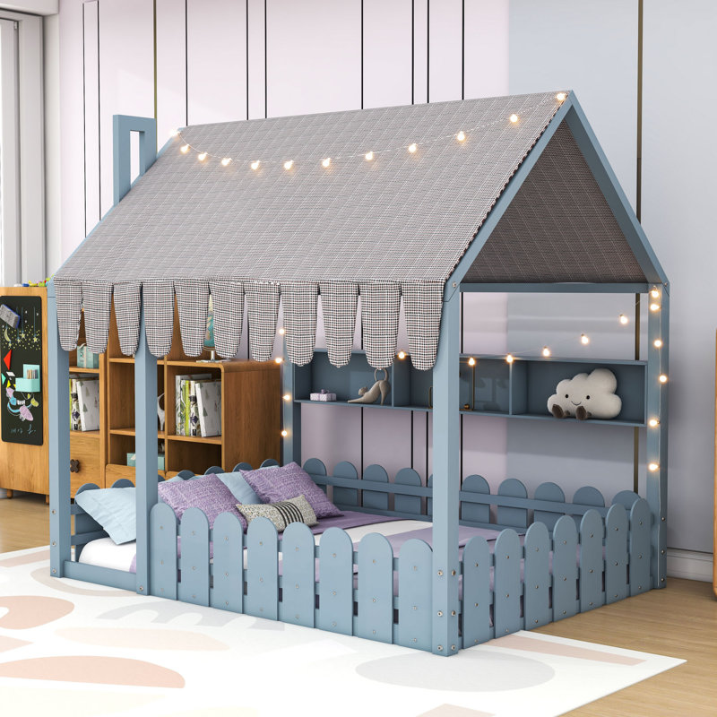 Lit Montessori avec cheminée et tablettes personnalisables, Lit double, Gris
