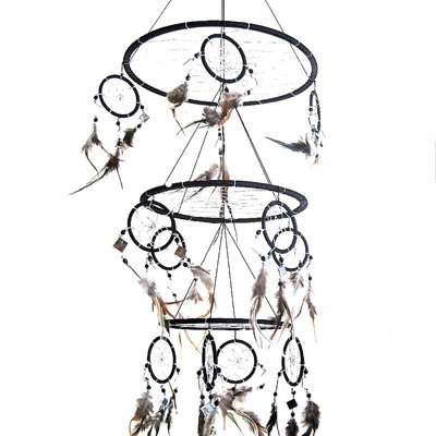 Triple attrape-rêves avec plumes noires et verre mosaïque