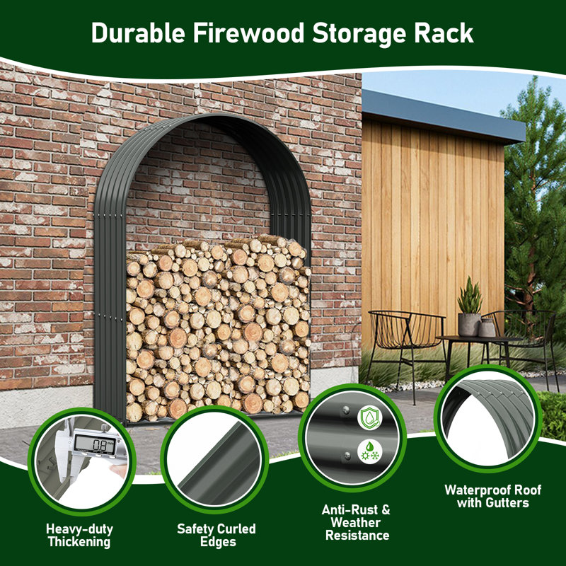 Ore Gray Galvanized Steel Arch Firewood Storage Rack with Shed