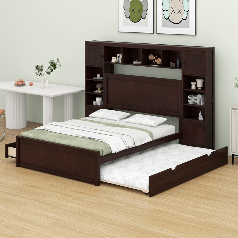 Lit en bois avec armoire tout-en-un, tablette et prises, lit gigogne, Espresso, Grand lit