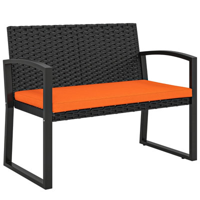 2 Seater Orange Rattan Garden Bench, Outdoor Patio Loveseat with High Backrest and Armrests, Removable Washable Cushion Cover and Adjustable Feet