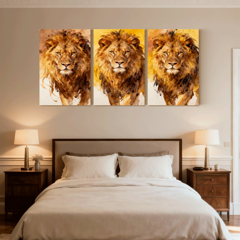 Animaux, lion, aquarelle, ensemble de 3 impressions sur toile