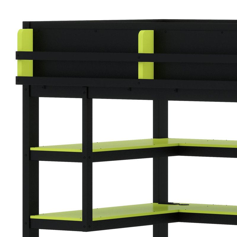 Space-Saving High Sleeper Featuring Built-in Desk, Lateral Storage Unit, Multi-Tier Shelves, and Smart Color-Changing LED System