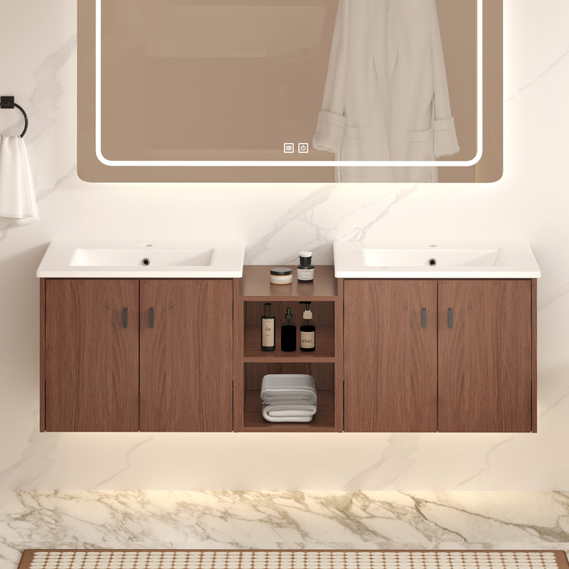 Meuble-lavabo à fermeture en douceur avec petites tablettes de rangement