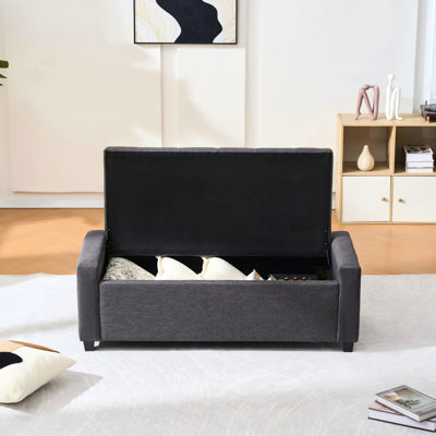 Banc de 48 po pour hall d'entrée avec rangement, gris, design américain, forme rectangulaire, siège mi-moelleux, accoudoirs carrés intérieurs, rembourrage en mousse, structure en bois, pieds en caoutchouc noir, capitonnage à boutons, facile