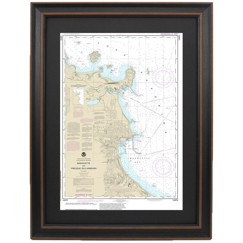 Marquette et Presque Isle Harbours | Carte nautique | Reproduction encadrée, H 24 po x l 15 po