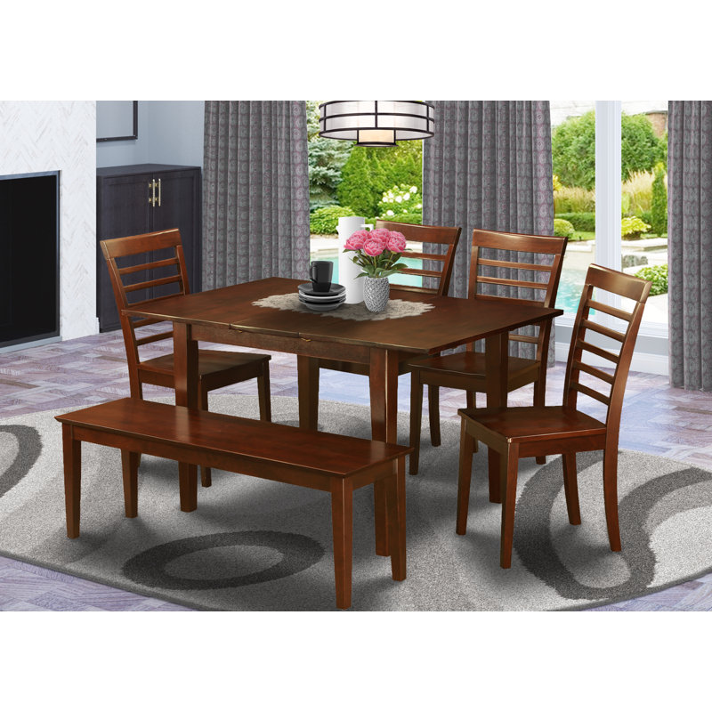 Ensemble de table de salle à manger 6 pièces moderne comprenant une table rectangulaire en bois avec feuille papillon et 4 chaises de salle à manger avec banc, acajou