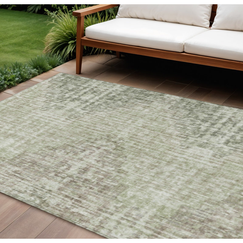 Tapis extérieur lavable à motif géométrique vert et ivoire 10 pi x 14 pi
