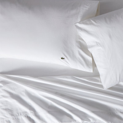 Lacoste Center Line Cotton Percale Sheet Set, Lightweight and Breathable Crisp Feel with Embroidered Crocodile, White, Twin XL