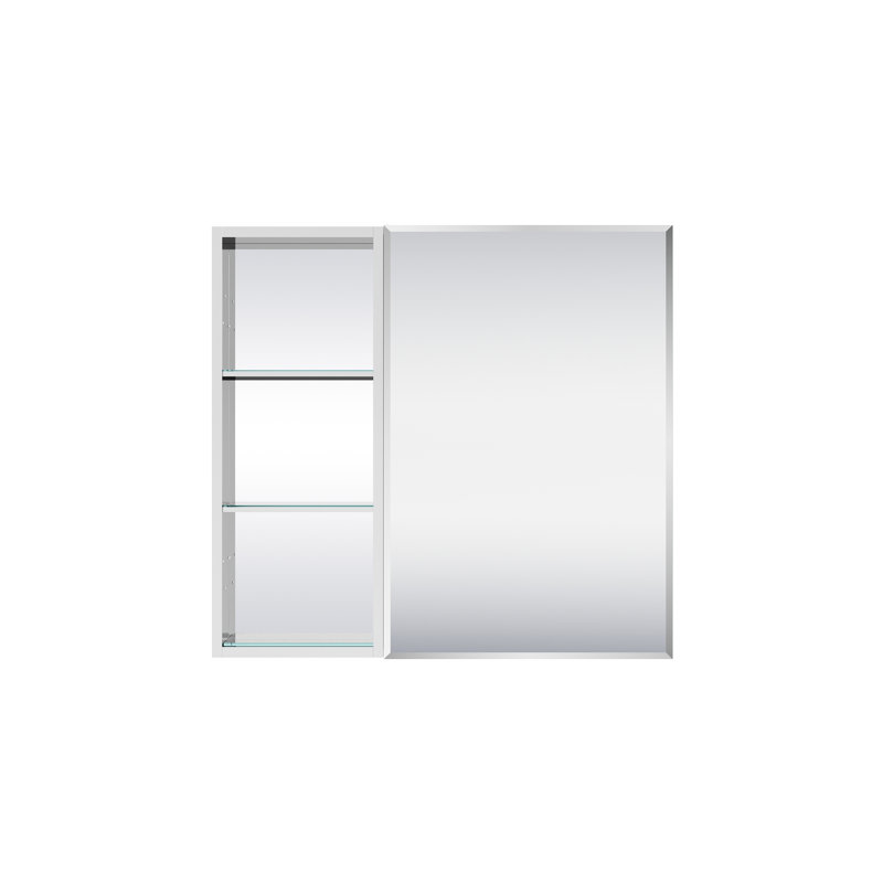 Armoire à pharmacie encastrée ou en saillie en aluminium, 81 cm (L) x 76 cm (H), avec miroir biseauté et tablette ouverte.