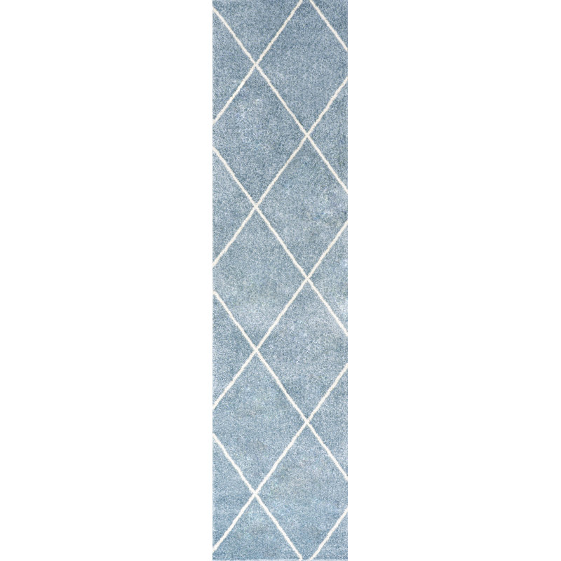 Bertrice Minimalist Diamond Trellis Light Blue/White Rug, Runner 2' x 10'