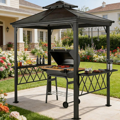 Spacious Outdoor Pergola Canopy With Double-Tiered Roof For BBQ And Poolside Use, Offering UV Protection And Ample Storage