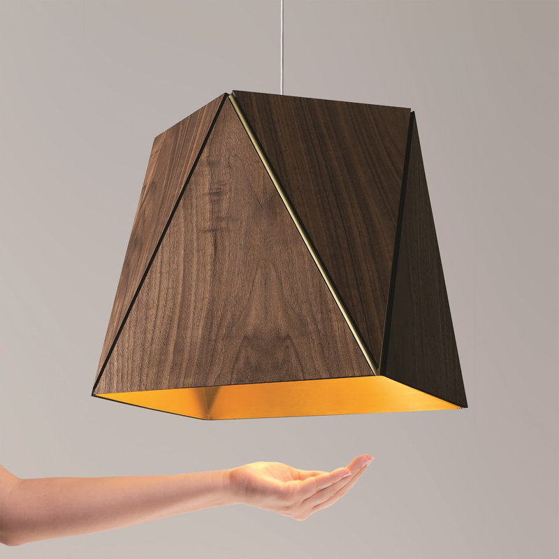 Luminaire suspendu géométrique unique en bois à 1 lumière Calx, Noix Huilé / or rose, 2700 K, H 12,75 po x l 19 po x P 19 po
