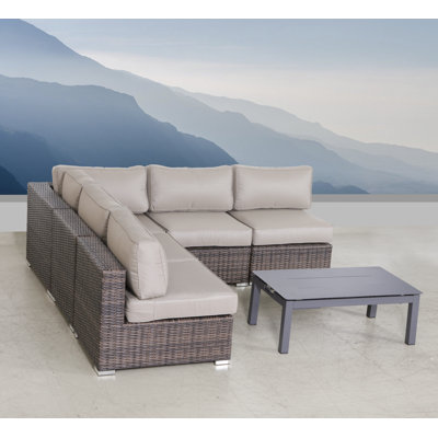 Ensemble de conversation modulaire 6 pièces Alieyah Brown avec coussin Sunbrella taupe et table basse en métal