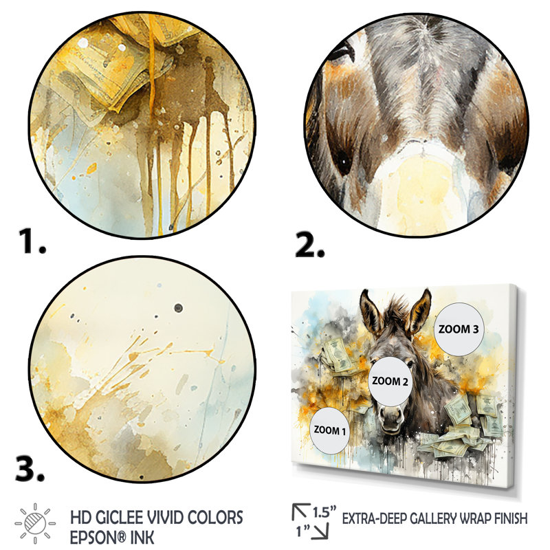 «Yellow Donkey Absurdity II - Donkey», art mural, Cadre de coin fermé argenté, H 30 po x l 40 po x P 1,5 po