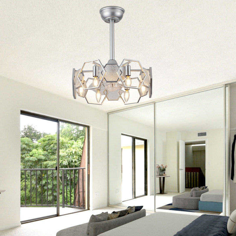 Faulks 19'' Industrial Reversible Caged Ceiling Fan with Light Kit and Remote, Silver