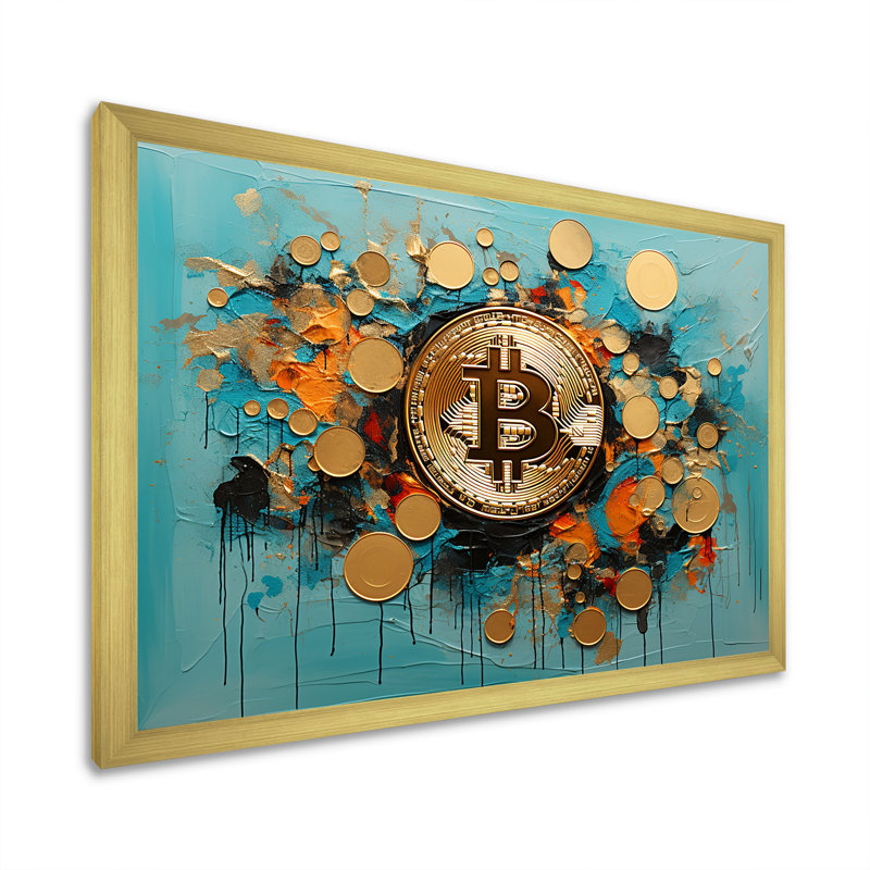 Or et bleu Crypto Bitcoin Collage - art mural mode Bitcoin, Cadre doré à coins fermés, H 16 po x l 32 po x P 1 po
