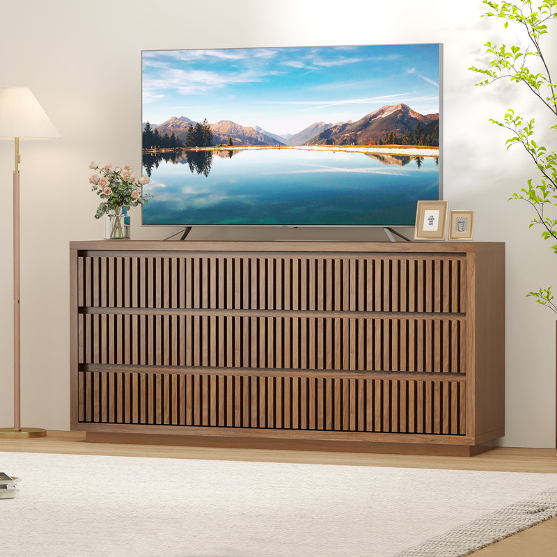 9-Drawer Fluted Dresser, 58'' W Wood Storage Closet Dressers Chest Of Drawers, Walnut