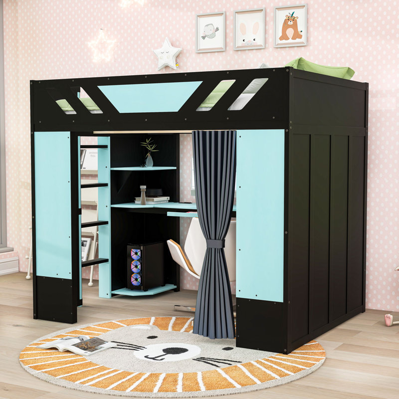 Full Wooden Loft Bed with Built-in Desk, Storage Shelves, Black/Blue