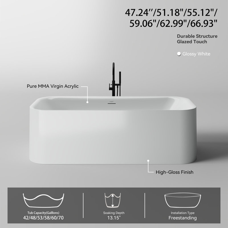 Baignoire de trempage en acrylique blanche autoportante 59 po x 27,5 po avec trop-plein et bonde escamotable pour salle de bain MonBlari